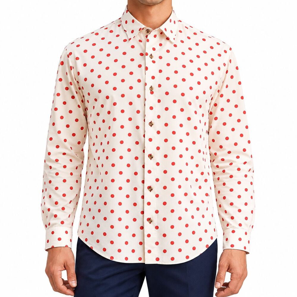 Mens Large Red Ivory Polka Dot 100% Cotton Long Sleeve Button Up Dress Shirt NWT